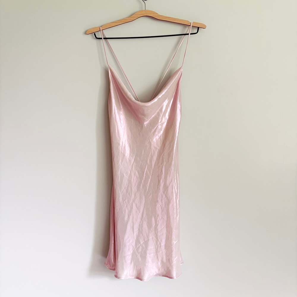 Zara Pink Metallic Cowl Neck Slip Dress Mini Size Medium Open Tie Back Party NYE